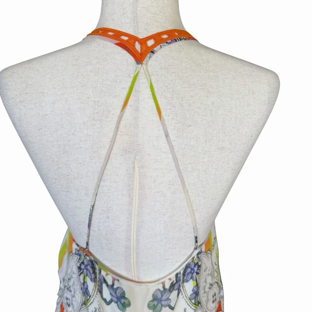 Roberto Cavalli Silk Halter Dress US 6/ 42 Mixed Print Crochet Bib Euro-Summer